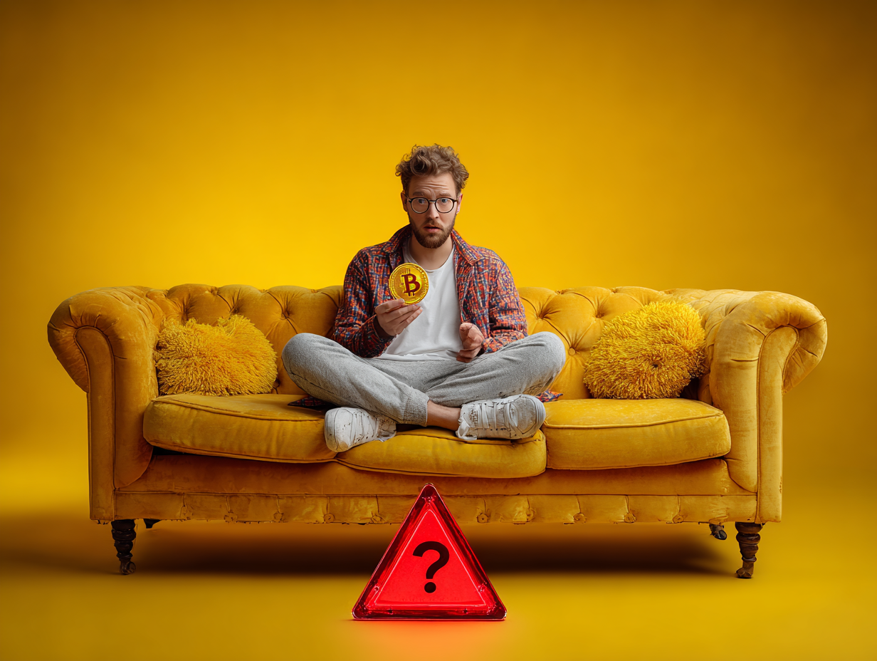 A confused person looking at a coin with a warning triangle floating beside it, symbolizing common mistakes to avoid