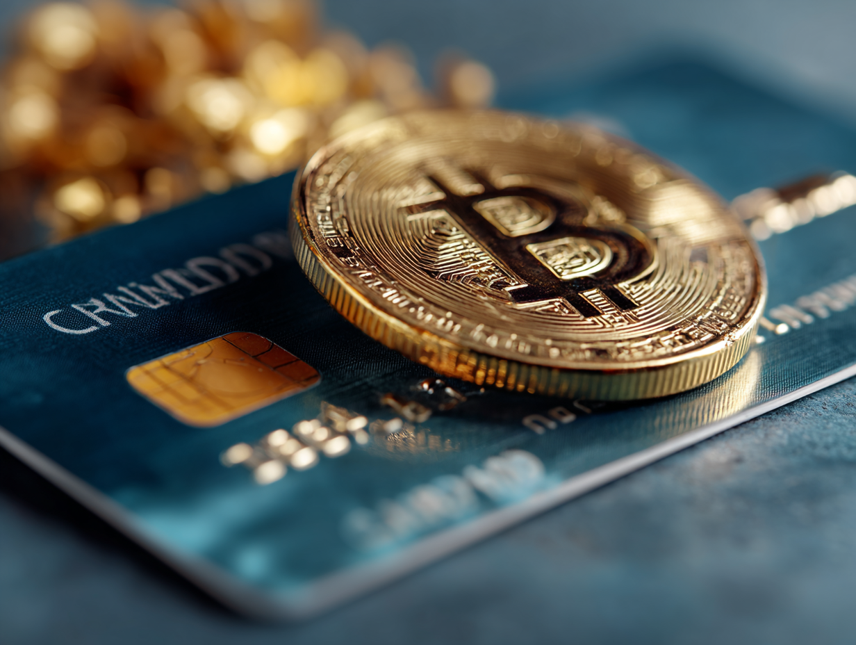 a sleek credit card with a Bitcoin emerging from it, symbolizing fast and simple purchases with a card.