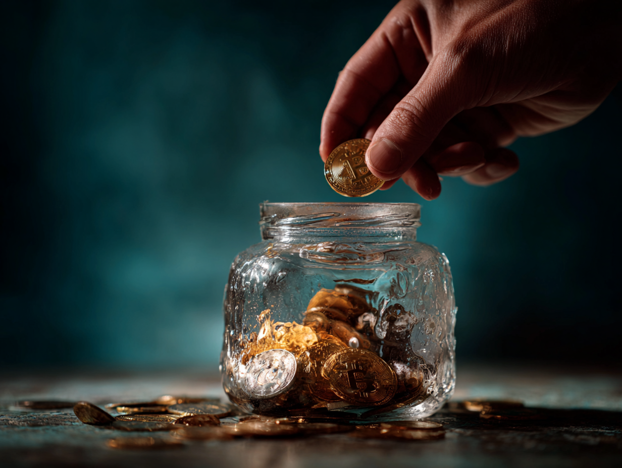 a jar full of bitcoin and other altcoins with coins jumping out of the jar