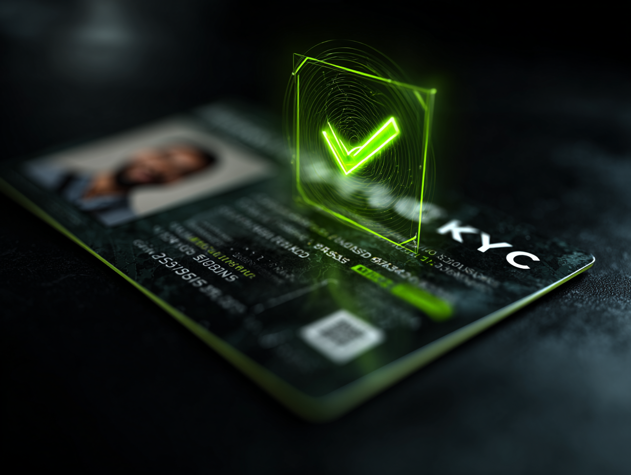 an ID card with a glowing checkmark hovering above it, symbolizing quick and secure identity verification (KYC).