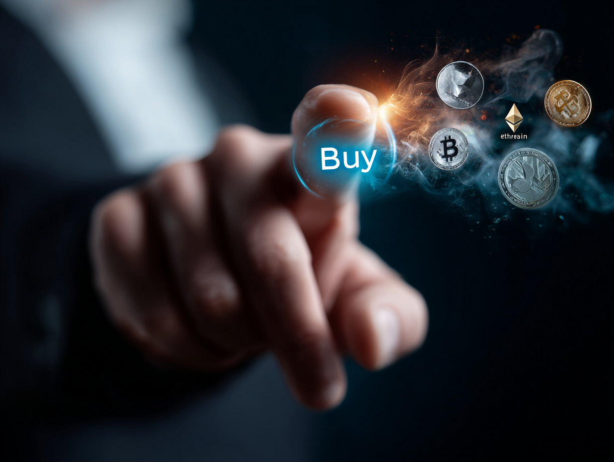  blue CTA “Buy” button being tapped, with Bitcoin, Ethereum, Solana and Cardano