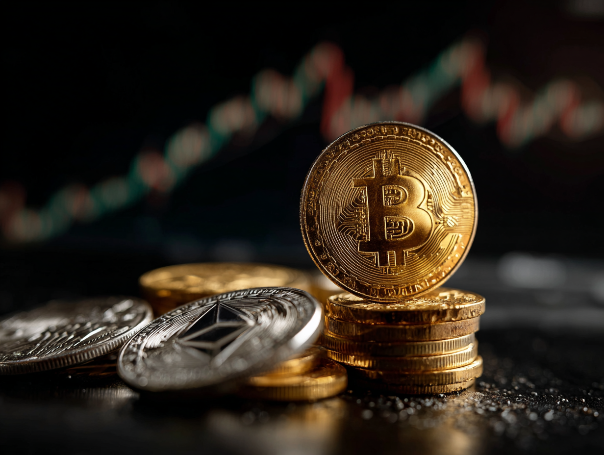  a stack of cryptocurrencies beside a simple upward-trending chart, symbolizing growth and organized portfolio management
