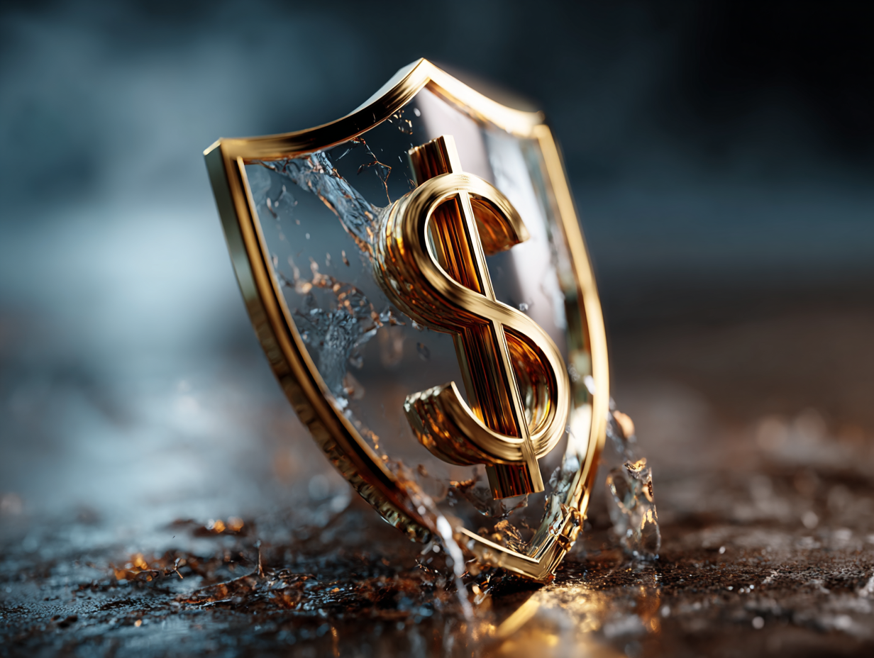 a shield protecting dollar symbol or a symbol for money, showing safety and strong security when purchasing crypto.