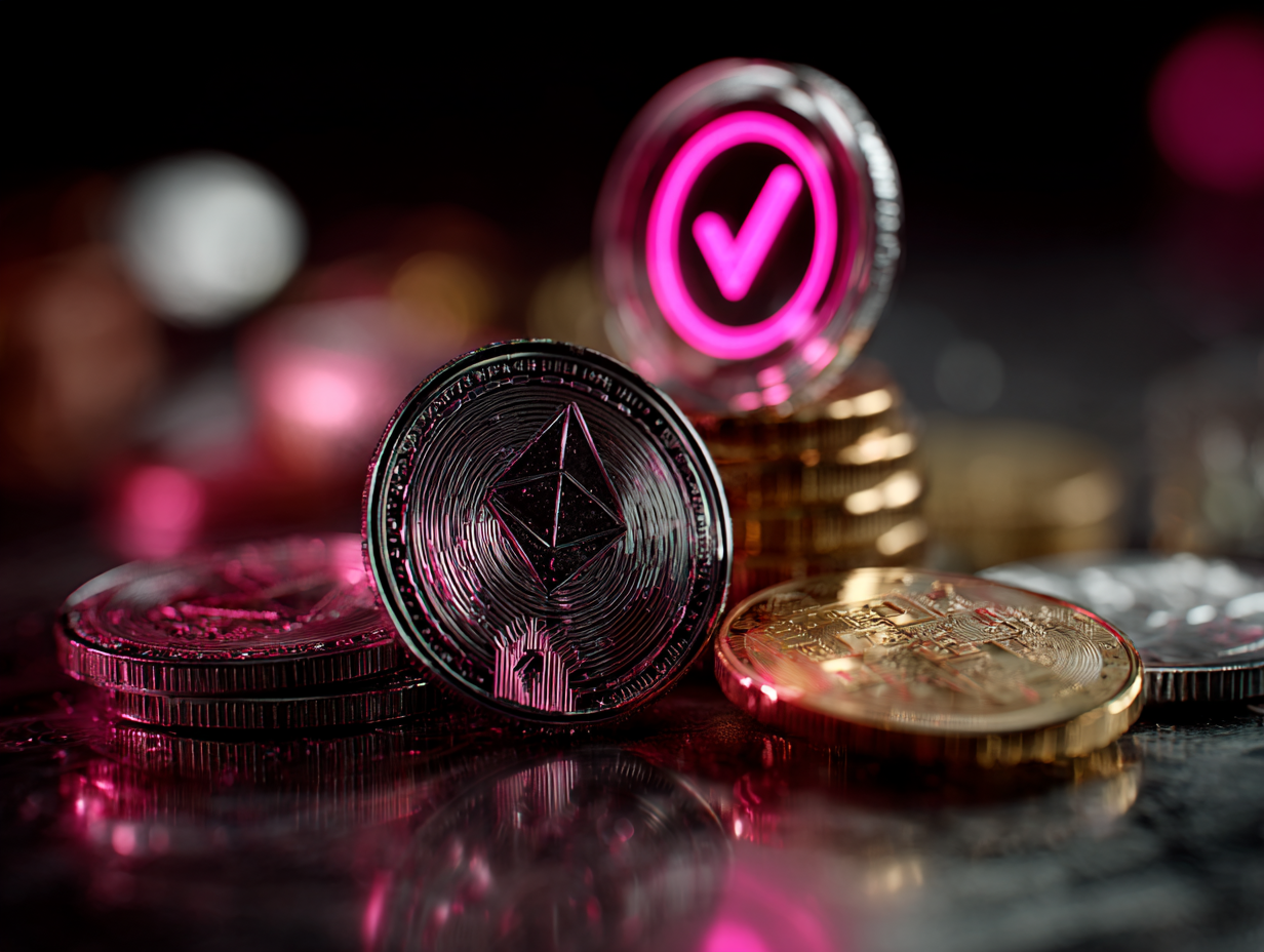 several different cryptocurrency coins side by side, with one coin in the middle that has no symbol on it but rather a checkmark, symbolizing making the right investment choice.
