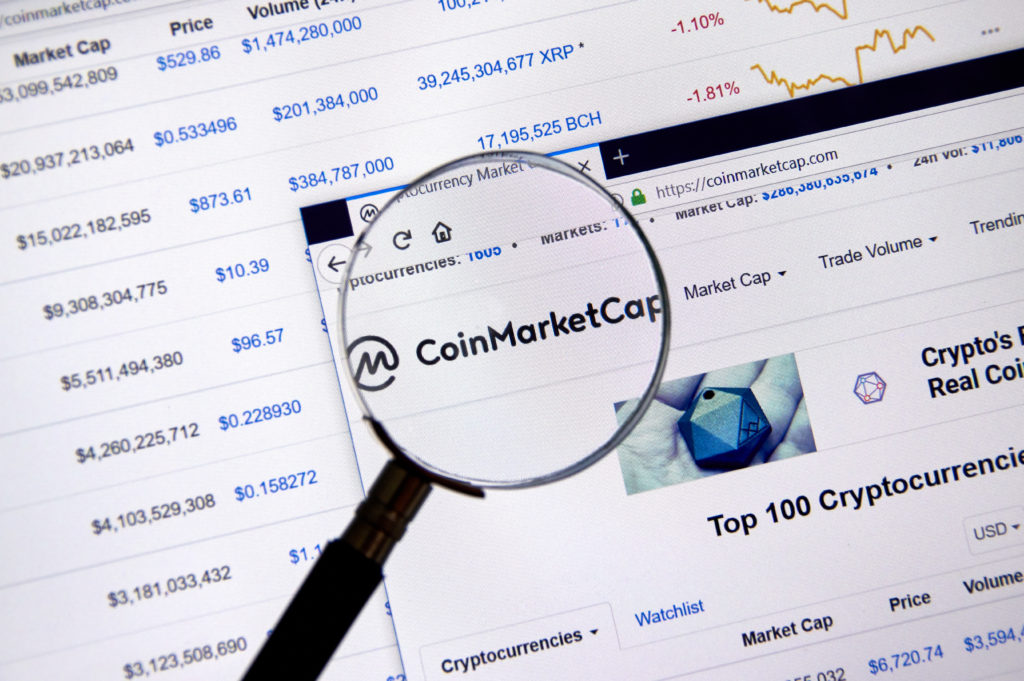CoinMarket Cap website with a magnifying lens on it