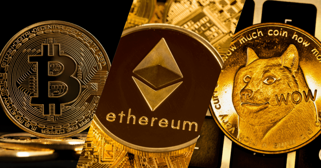 Golden Bitcoin, Ethereum and Doge coins next to each other