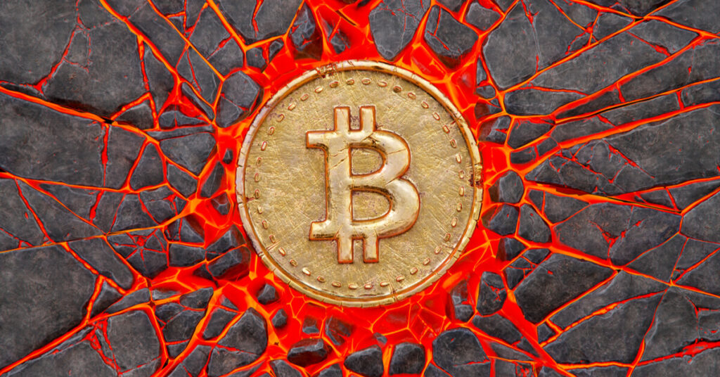 Bitcoin coin embedded into a volcanic rock