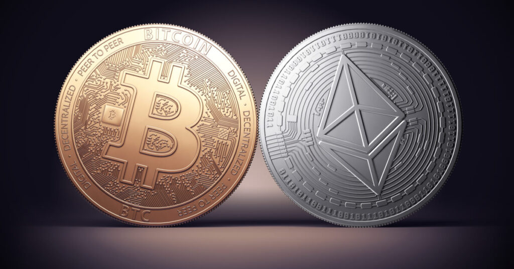 Bitcoin and Ethereum coin next to each other
