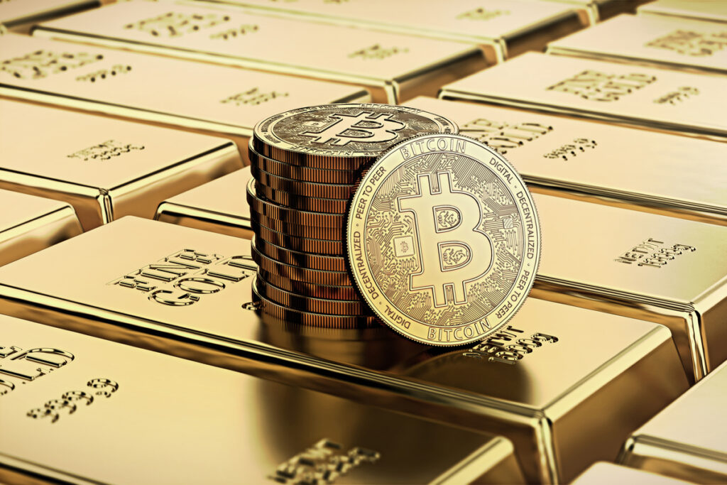 Stack of gold Bitcoins on top of gold bars