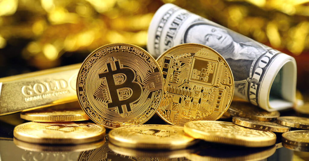 Gold Bitcoins with a gold bar and a dollar bill