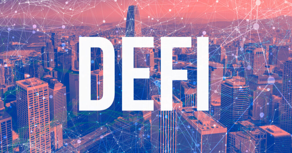 DEFI logo with a city skyline in the background