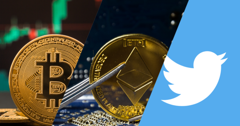 a bitcoin coin along an ethereum physical coin and the twitter logo