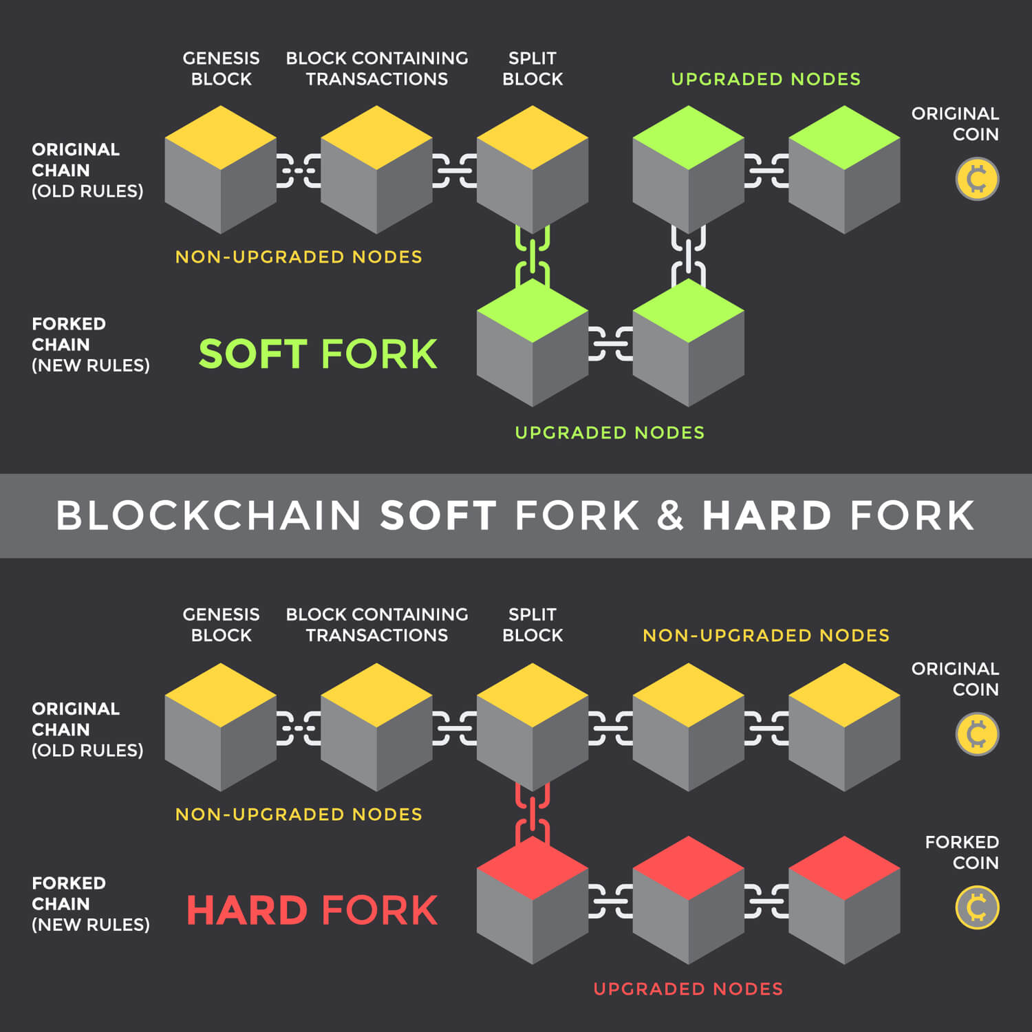 A visual demonstration of how soft and hard forks operate.