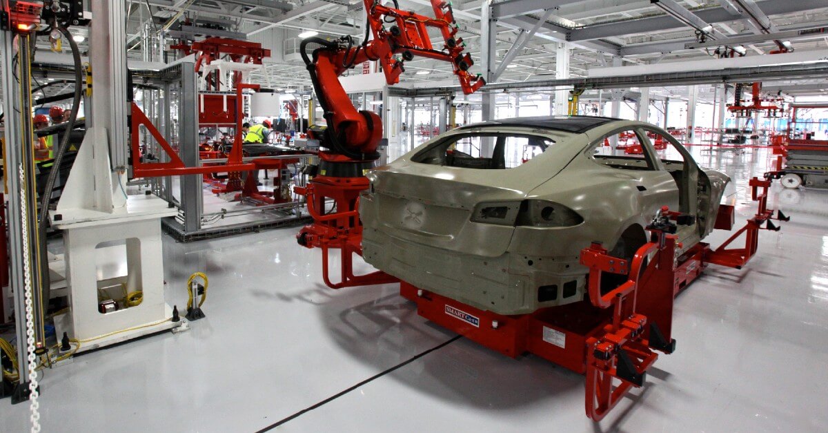 A vehicle being made at a Tesla factory