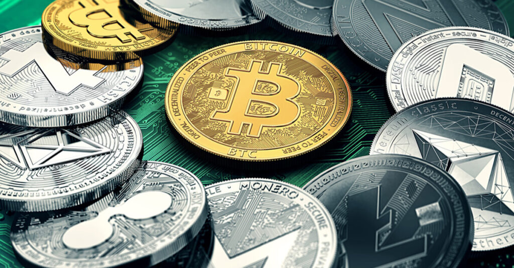Gold bitcoin coin in ring of silver crypto coins
