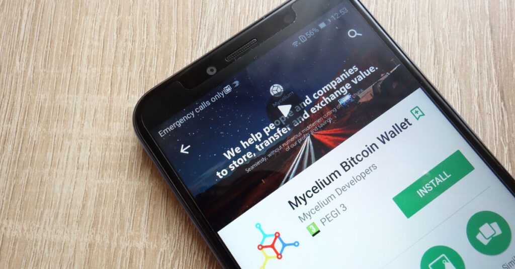 A smartphone showing Mycelium Bitcoin Wallet app
