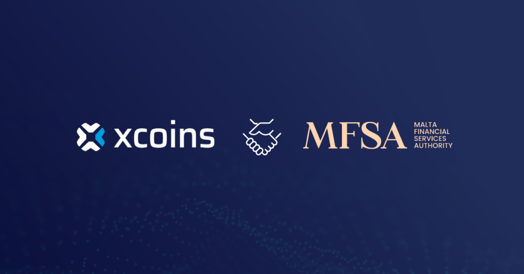 Xcoins logo next to MFSA logo on a dark blue background