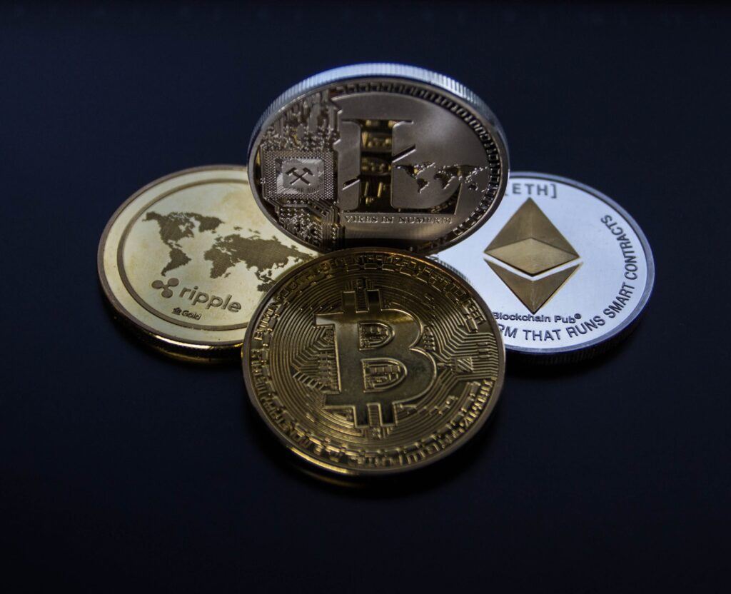 Cryptocurrency coins on a black background