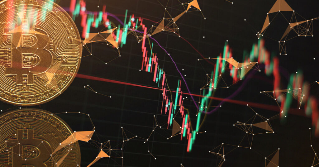 Bitcoin set ona background of trading charts showing volatility