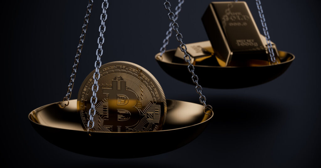 Scale with one scale holding Bitcoin and the other a gold bar
