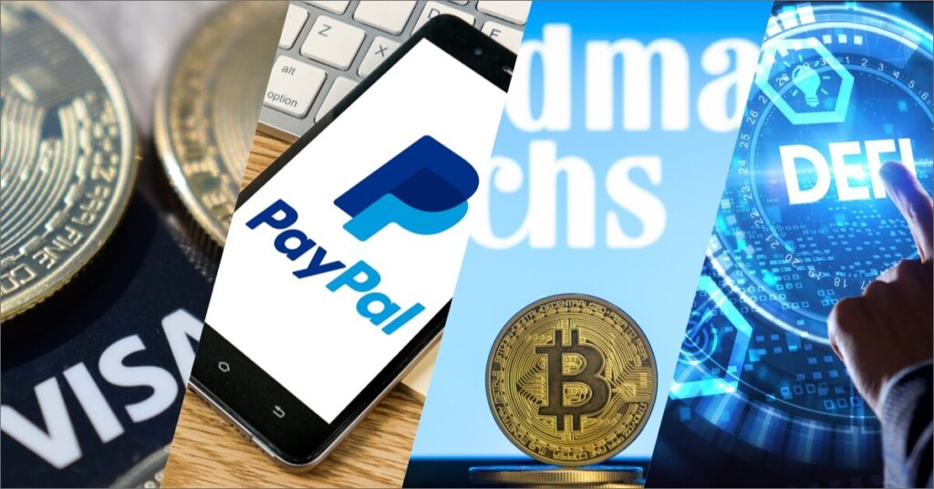 VIsa, Paypal, Goldman Sachs image with Bitcoin underneath and DEFI logo next to each other