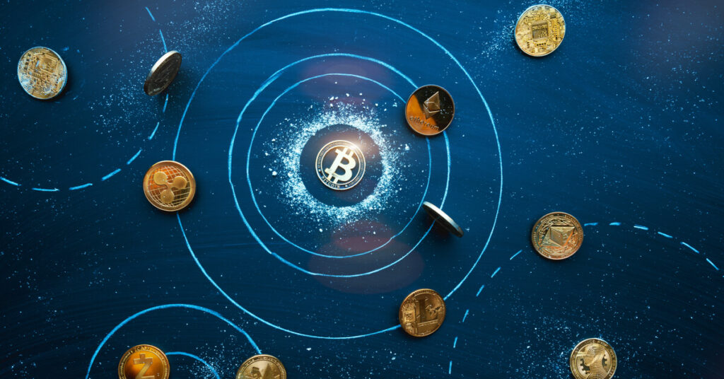 Bitcoin coin in different circles surrounded by other cryptocurrencies