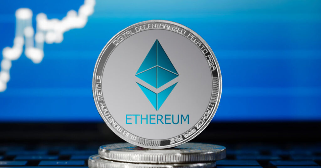 Ethereum coin set on a blue background