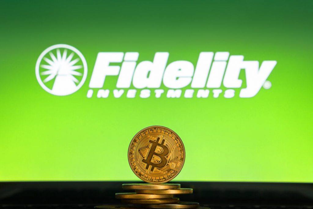 Green Fidelity Investments logo with a bitcoin coin in front of it 