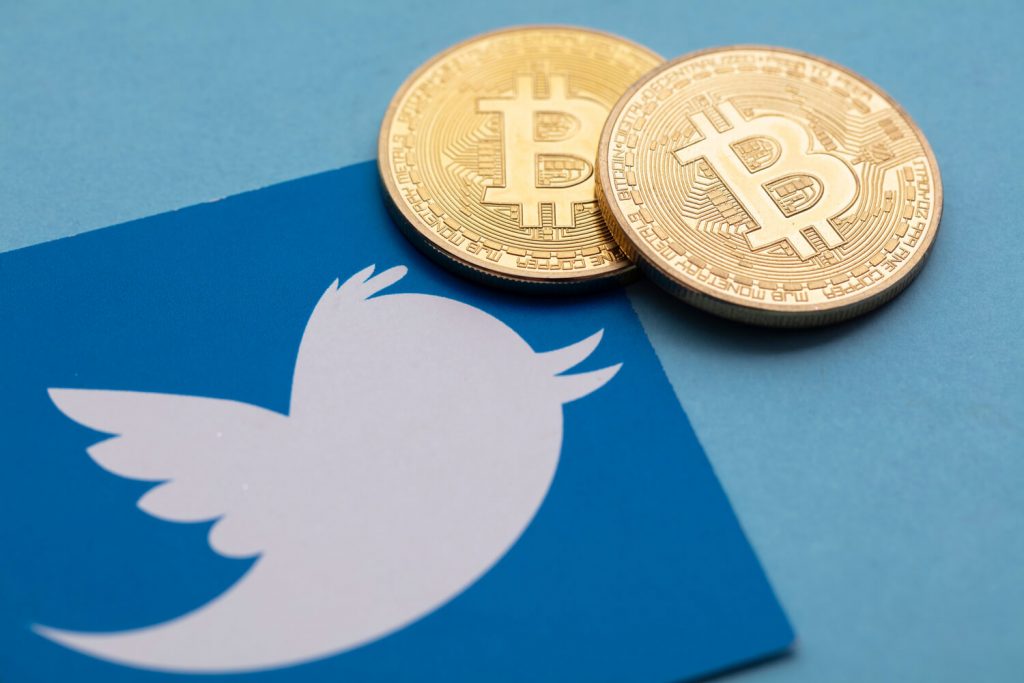 twitter logo with 2 bitcoins on top