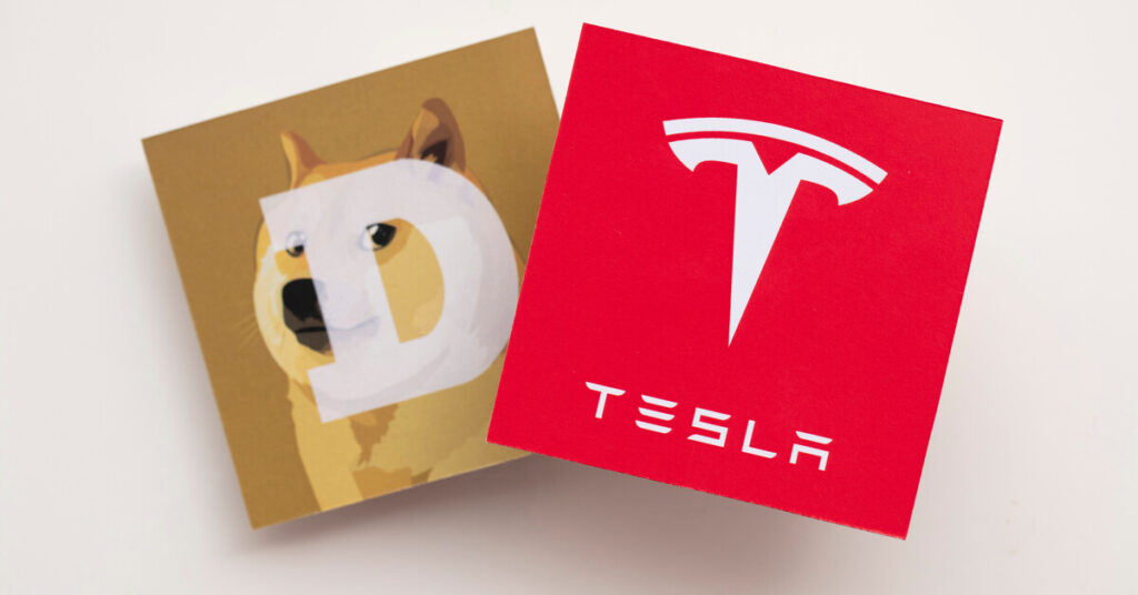 Dogecoin logo adjacent to Tesla logo