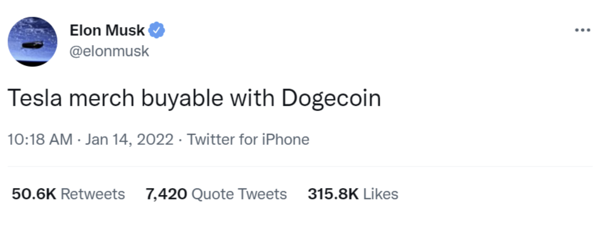 Tweet from CEO, Elon Musk, confirming Tesla merchandise could be purchased with Dogecoin