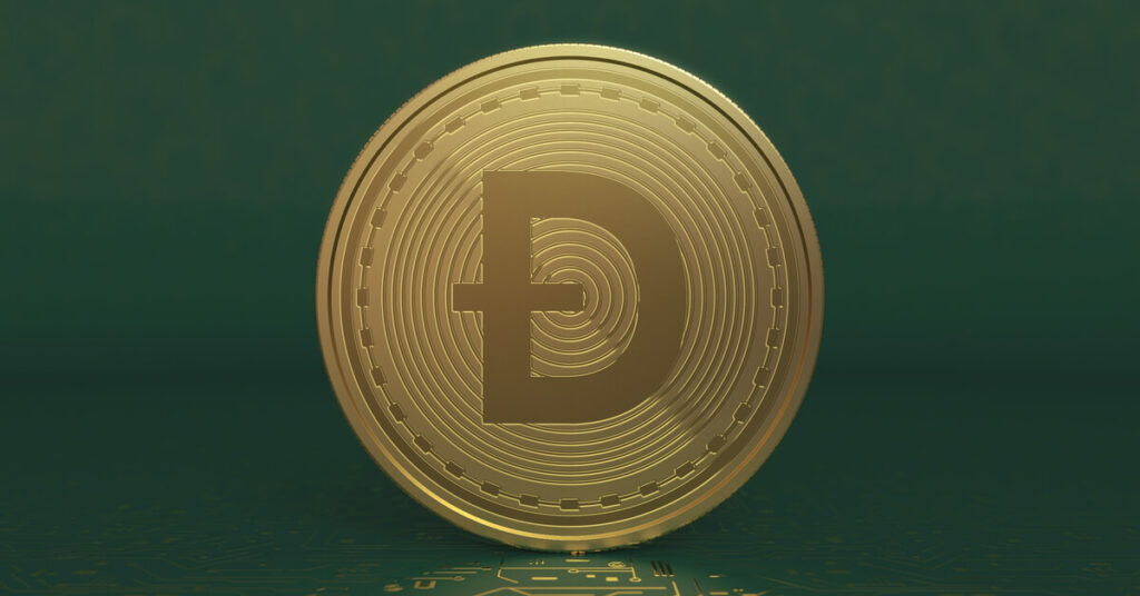 Dogecoin coin standing in front of a green background