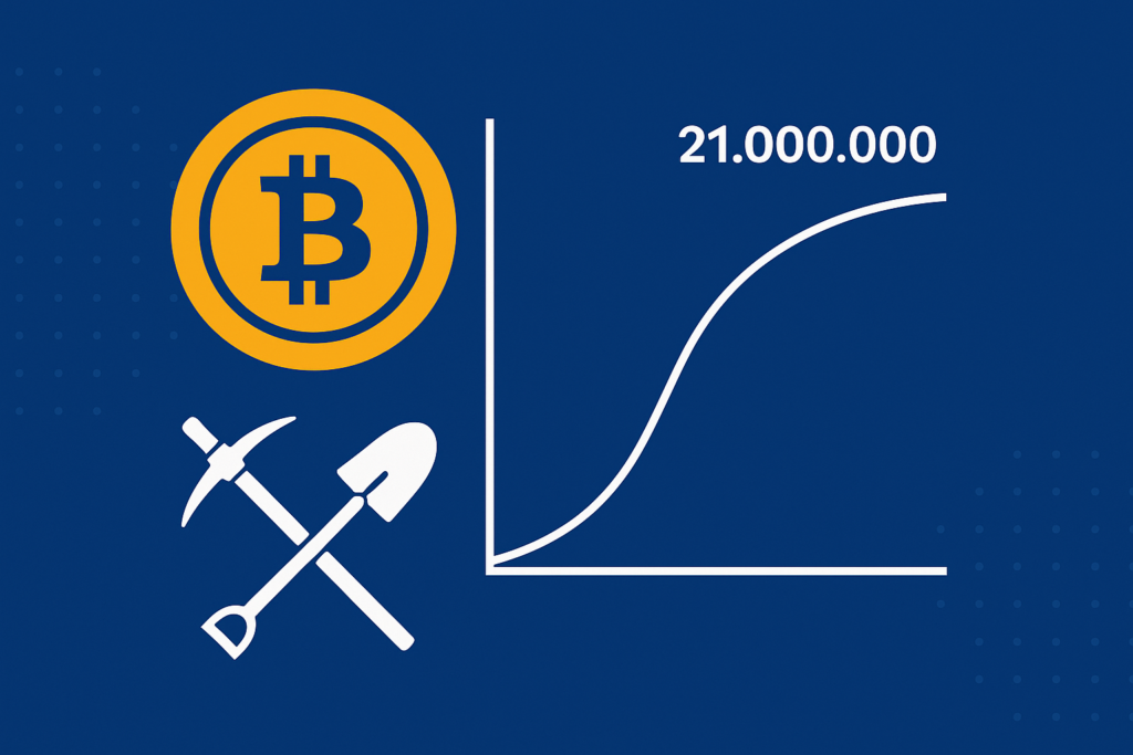 an illustration on a navy blue background showing the value of bitcoin rising on a  graph as well as mining tools