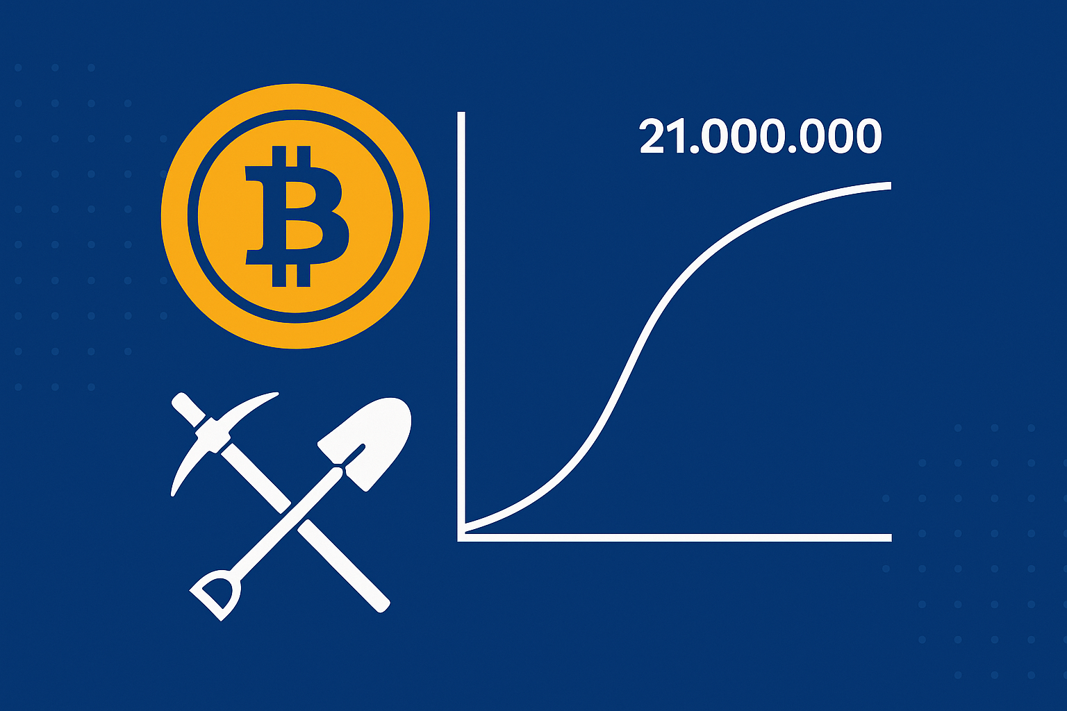an illustration on a navy blue background showing the value of bitcoin rising on a graph as well as mining tools