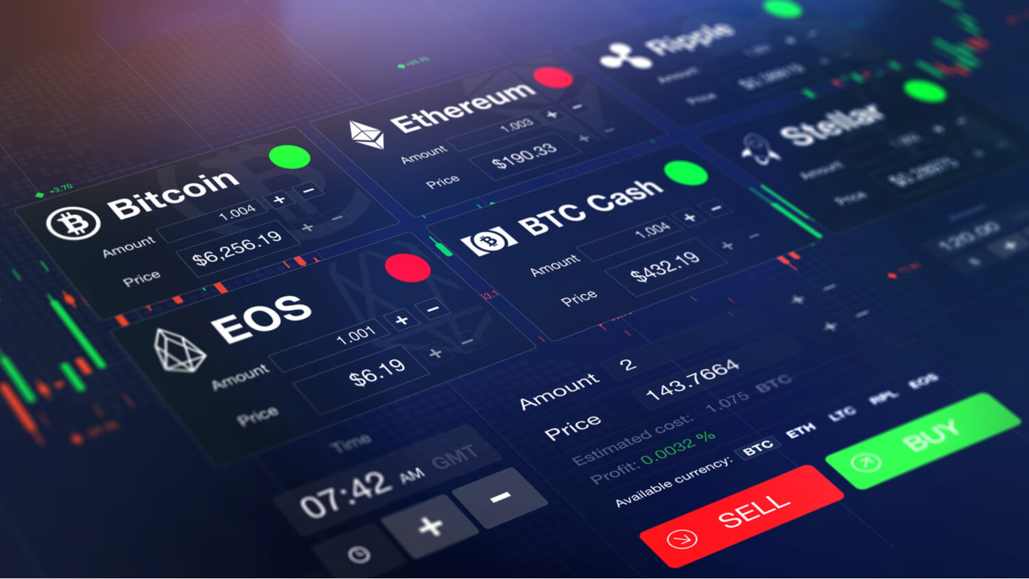 Futuristic 3D illustration of a cryptocurrency exchange with a number of cryptocurrencies available to buy and sell on the screen. 