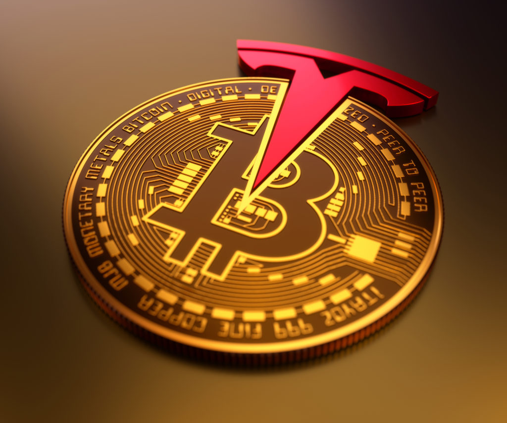 Bitcoin coin with Tesla's logo inserted on top of coin