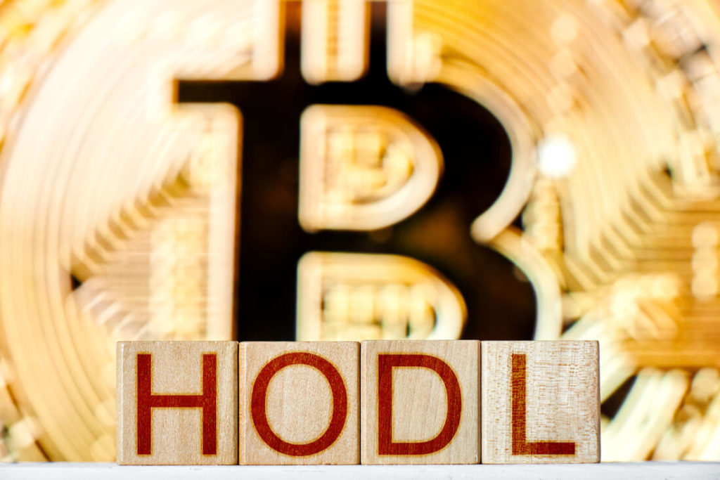 Bitcoin in background with scrabble letters spelling out HODL