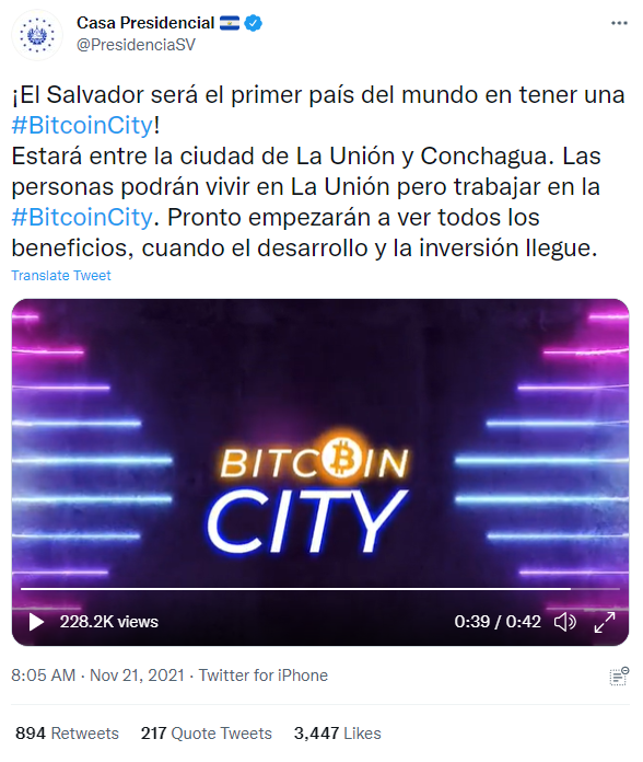 Tweet showing the Official announcement of Bitcoin City by the office of the President in El Salvador