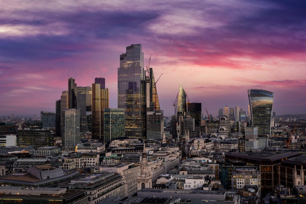 London city skyline at dusk