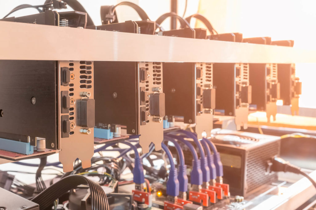 A row of equipment used as part of a cryptocurrency mining rig.
