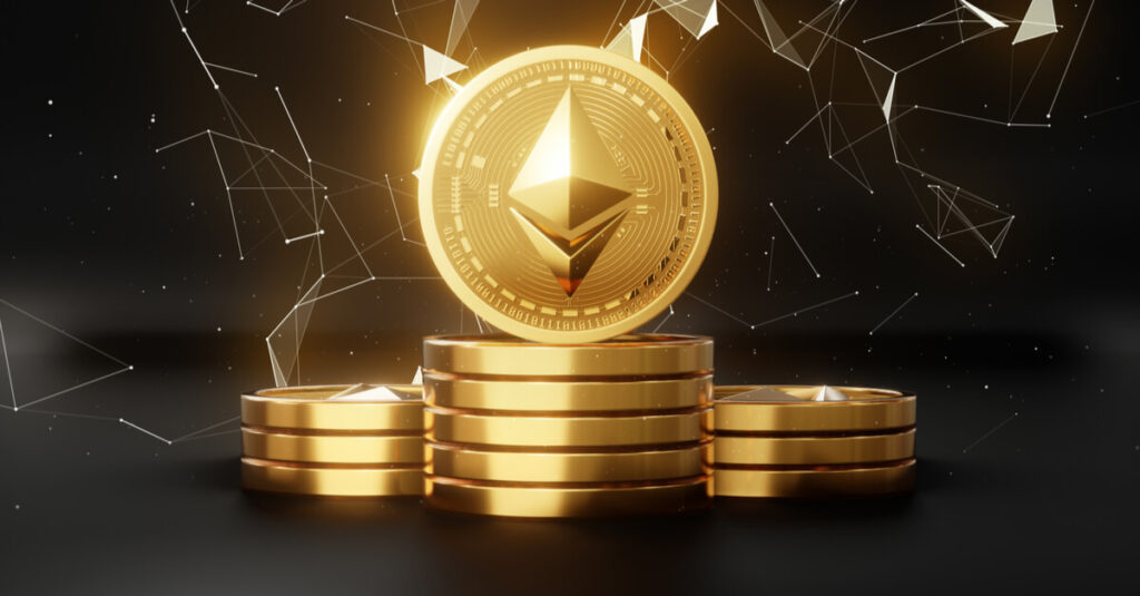 A stack of golden Ethereum coins sitting in front of a black background