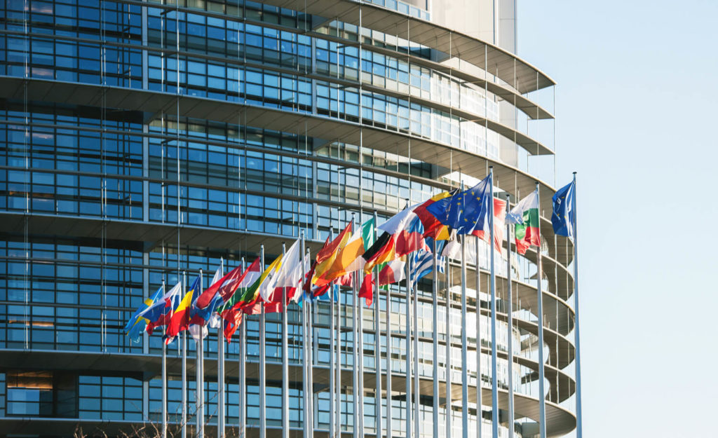 An image of the flags outside the European Parliament building