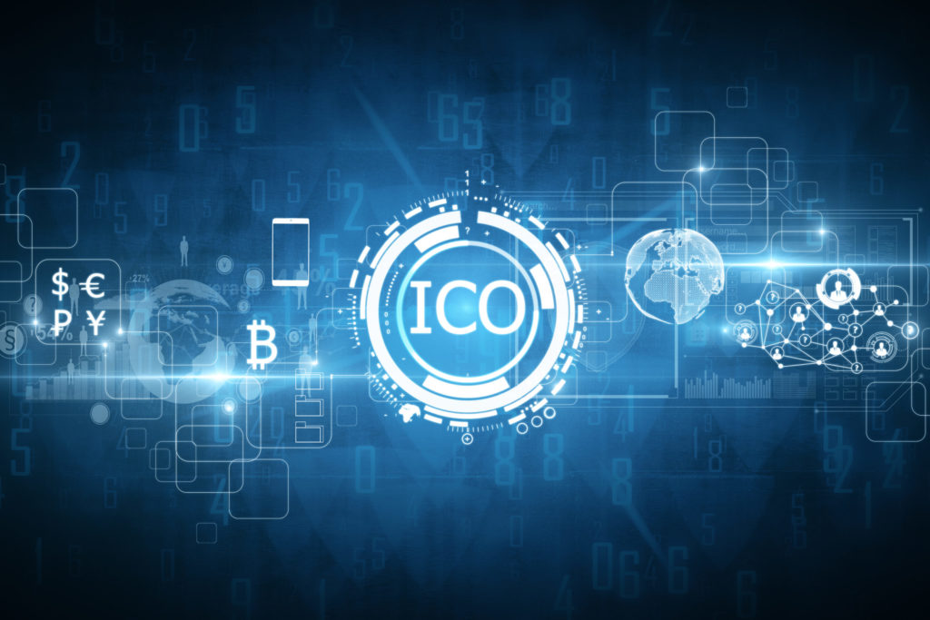 Graphic of ICO with Bitcoin sign and traditional currencies.
