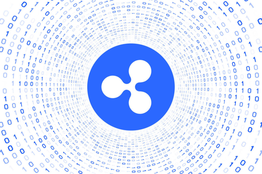 Ripple coin symbol surrounded by binary numbers-