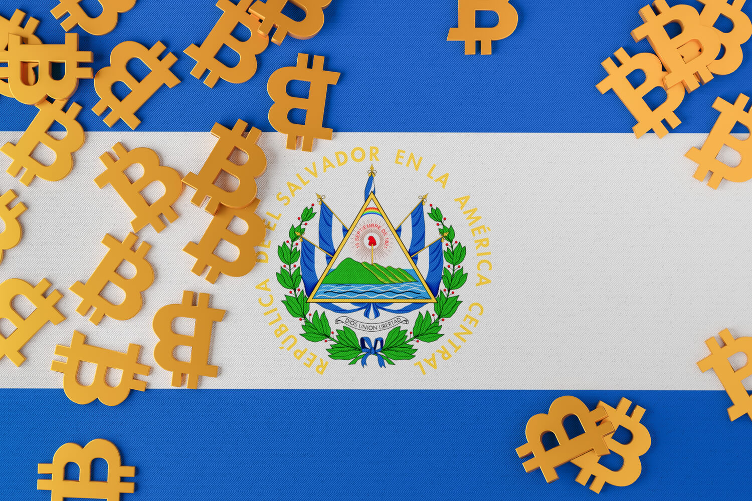 Bitcoins representados sobre la bandera de El Salvador
