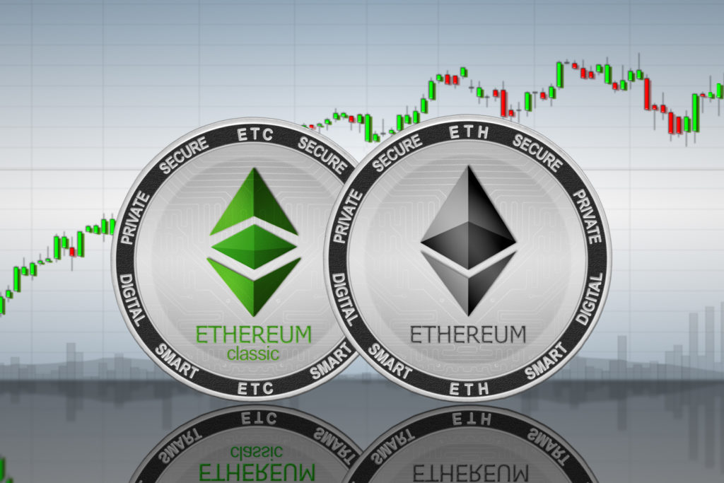 Ethereum and Ethereum Classic coins in front of a cryptocurrency chart.