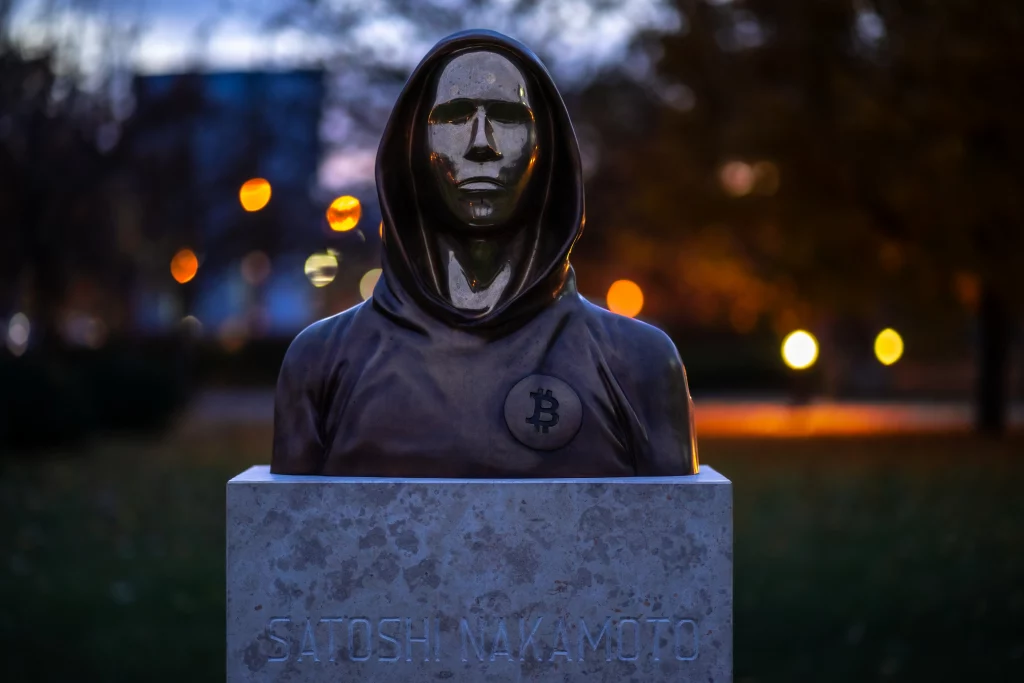 Stature of the mysterious Bitcoin creator Satoshi Nakamoto.