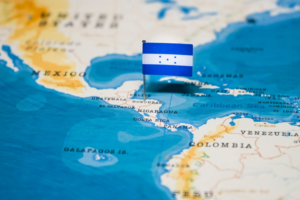Honduran flag used to highlight the position of Honduras on a world map.