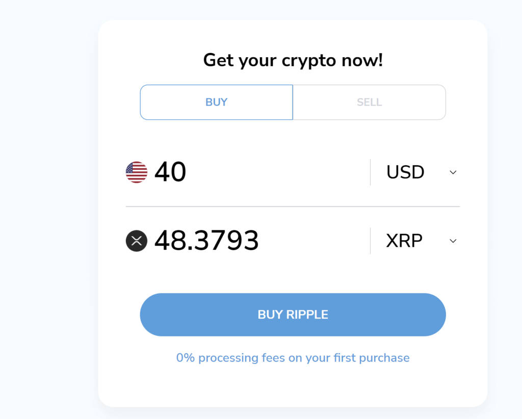 Screenshot from Xcoins' Homepage showing the currency conversion from USD to XRP