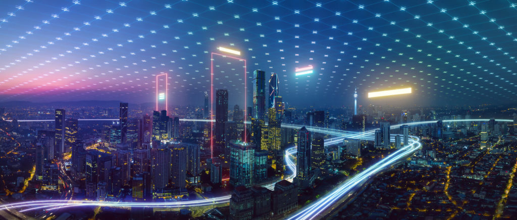 Representation of a smart city skyline with an abstract polygon pattern connection with speed line light, big data connection technology concept.